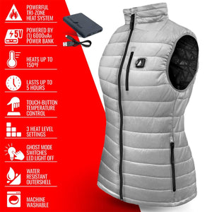 Grey women's battery heated insulated puffer vest by ActionHeat, with black zippers, chest logo, power bank, and red panel detailing features.