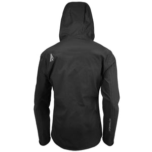 Black women's waterproof heated rain jacket by ActionHeat, with a hood, reflective logo, and sleeve branding, shown from the back.