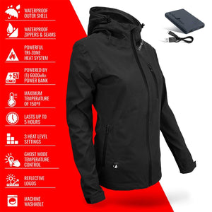 Black waterproof women's heated rain jacket by ActionHeat, featuring a vertical 'ActionHeat' logo on the placket, hood, zippered front, and included power bank and cable.