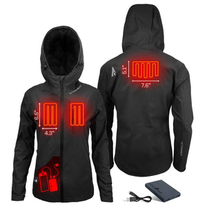Black Women's Waterproof Heated Rain Jacket by ActionHeat, with front and back views highlighting heat zones and included power bank.