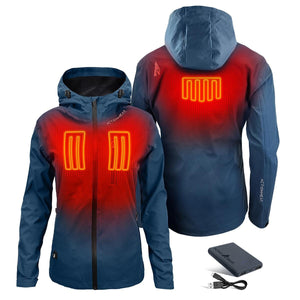 Women's waterproof heated rain jacket in blue gradient by ActionHeat, showing glowing orange-red heating elements and a power bank.