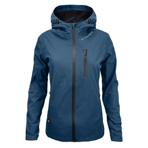 Blue women's waterproof heated rain jacket by ActionHeat with black full-zip closure, chest pocket, and logo.