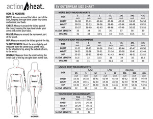 Women's Waterproof Heated Rain Jacket by ActionHeat size chart and measuring guide for men, women, unisex, and youth.