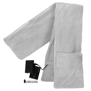 Light gray fleece heated scarf by ActionHeat, featuring an exposed battery pack for AA batteries and a hand pocket.