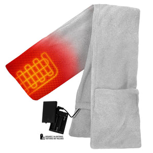 Grey heated fleece scarf by ActionHeat, with a red heating element on one end and a black AA battery pack.