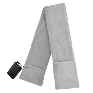 Grey AA battery heated fleece scarf by ActionHeat, with a black battery pack plugged into one end.