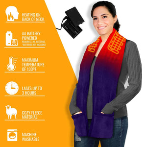 Red to purple gradient heated fleece scarf by ActionHeat, featuring glowing yellow heating elements, front pockets, and a visible battery pack, worn by a smiling woman.