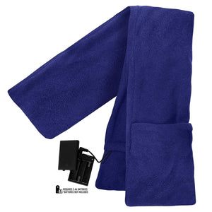 Blue AA battery-powered heated fleece scarf by ActionHeat, unfolded, with a visible detachable battery pack.