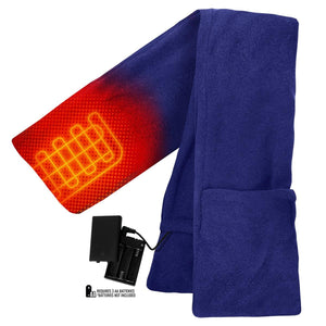Navy blue heated fleece scarf by ActionHeat with glowing heating element, pockets, and visible AA battery pack.