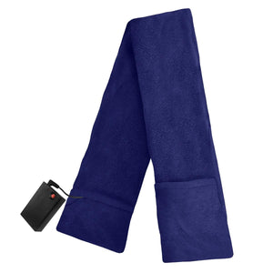 Blue heated fleece scarf by ActionHeat, with a visible black battery pack plugged into one end.