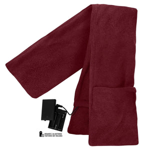 Maroon fleece heated scarf by ActionHeat, with visible AA battery pack and pocket.