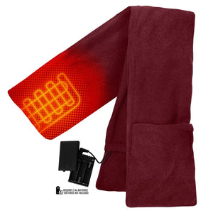 Maroon fleece heated scarf by ActionHeat, featuring a glowing orange heating element and a detached AA battery pack.