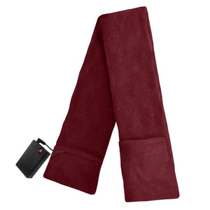 Maroon AA battery heated fleece scarf by ActionHeat, laying flat with a visible black battery pack and end pockets.