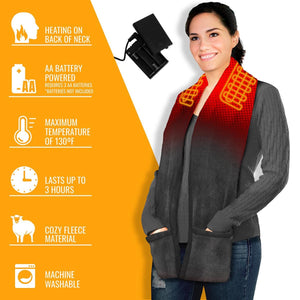 Red and black gradient heated fleece scarf by ActionHeat, with glowing orange heating elements, hand pockets, and a visible AA battery pack.