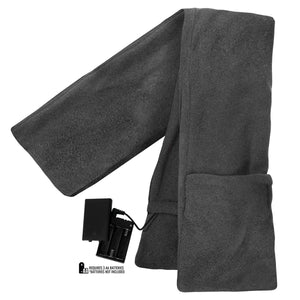 Dark gray fleece scarf by ActionHeat, featuring a visible AA battery pack and internal wiring.