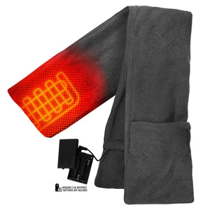 Dark gray fleece heated scarf by ActionHeat, showing a glowing orange heating element and an attached AA battery pack.