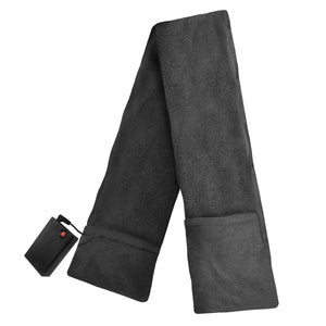 Dark grey heated fleece scarf by ActionHeat, folded with an attached AA battery pack.