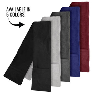 Heated fleece scarf by ActionHeat in black, light gray, dark gray, navy blue, and burgundy with end pockets.
