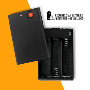 Black AA battery pack by ActionHeat, open with three empty battery slots, a red light, and an orange button, noting it 'requires 3 AA batteries, not included'.