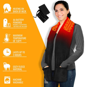 Black and red ombre heated fleece scarf by ActionHeat, with visible heating elements and hand pockets, worn by a smiling woman.