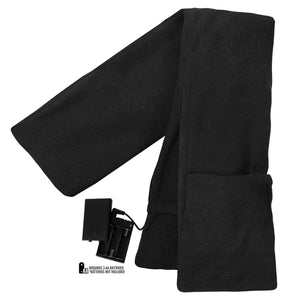 Black heated fleece scarf by ActionHeat, with an exposed battery pack showing empty slots for 3 AA batteries.