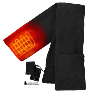 Black AA battery heated fleece scarf by ActionHeat, showing an orange heating element graphic and an attached battery pack.