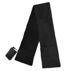 Black fleece heated scarf by ActionHeat, with an attached battery pack and a red power button at one end, and a pocket at the other.