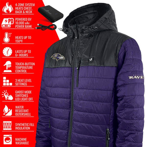 Men's black and purple colorblock puffer battery heated jacket by ActionHeat, featuring Baltimore Ravens logos and a visible power bank.