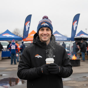 Men's black softshell battery heated jacket by ActionHeat, with a Denver Broncos logo, worn by a man holding a steaming coffee cup outdoors.