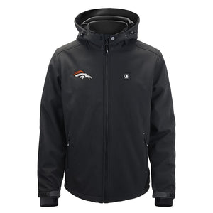 Black men's softshell battery heated jacket by ActionHeat, featuring a Denver Broncos logo, small 'A' logo, full-zip front, and hood.