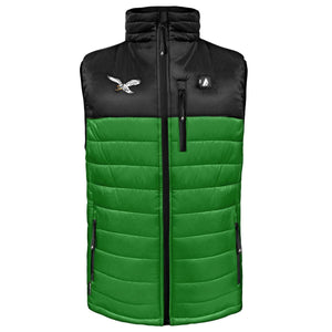 Men's colorblock puffer vest in black and green by ActionHeat, featuring an eagle logo and triangular symbol on the chest.