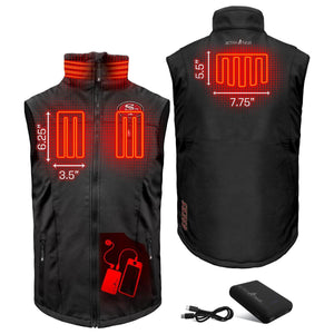 Black men's softshell battery heated vest by ActionHeat, displaying front and back heating elements with dimensions, 49ers logo, and power bank.