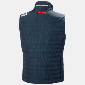 Dark blue quilted men's Crew Insulator Vest 2.0 by Helly Hansen, back view, with a red stripe, 'HELLY HANSEN' on the collar, and 'HH' on the shoulder.