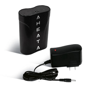 Black battery pack by Aheata with a textured finish, white vertical branding, and an accompanying charger with a red indicator light.