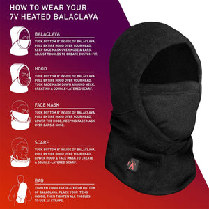 Black 7V heated balaclava by Aheata, displaying multiple wearing styles and a red 'A' logo.