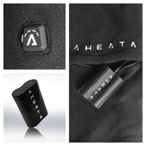 Black heated balaclava by Aheata, featuring an embroidered logo, a control button, and a connected battery pack.