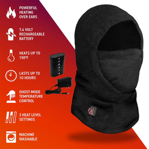 Black 7V battery heated balaclava by Aheata with a red logo, shown alongside its battery, charger, and promotional features.