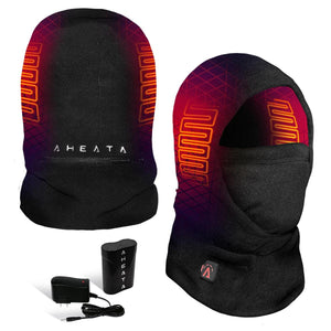 Black heated balaclava by Aheata, displaying glowing orange internal heating elements and a subtle geometric pattern, shown with a battery pack and charger.