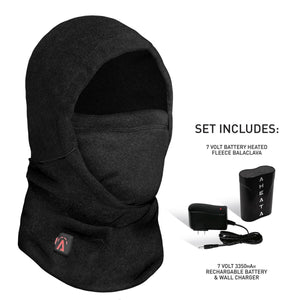 Black fleece heated balaclava by Aheata, featuring a red power indicator, shown with a black battery and charger.
