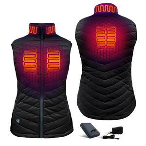 Black sleeveless women's heated vest by Aheata, front and back views showing glowing orange elements, chevron quilting, and a battery pack.