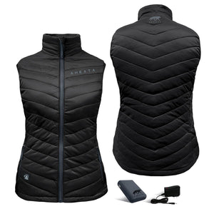 Black women's heated vest by Aheata with chevron quilting, front and back views, and a battery pack.