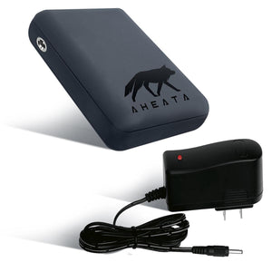Dark gray heated vest battery pack by Aheata, featuring a black wolf logo and 'AHEATA' text, shown with its black wall charger with a red indicator light.