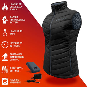 Black quilted women's heated vest by Aheata, featuring a standing collar, side panels, a battery pack, and charger.