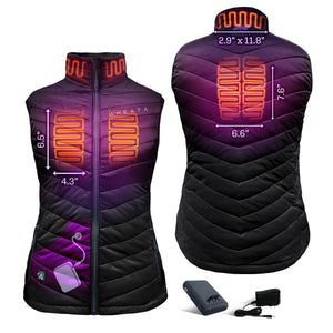 Black and purple quilted women's heated vest by Aheata, with visible orange heating elements, power bank, and charger.
