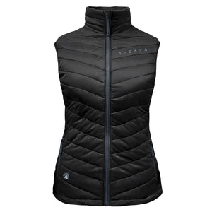 Black women's heated vest by Aheata with a quilted pattern, front zipper, stand-up collar, and subtle branding.