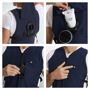 Navy blue 5V circulatory cooling vest by AlphaCool, featuring back fan, cooling pack, power bank pocket, and touch button.