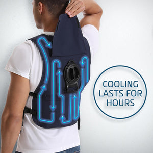Dark blue circulatory cooling vest by AlphaCool worn on a man's back, showing internal blue glowing circulation lines and a central control dial.