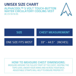 Unisex 5V Touch Button Circulatory Cooling Vest by AlphaCool, displayed on a size chart detailing 33-44.5 inch chest measurements.