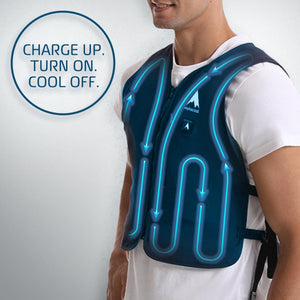 Dark blue circulatory cooling vest by AlphaCool, with glowing blue lines indicating liquid flow, and descriptive text.