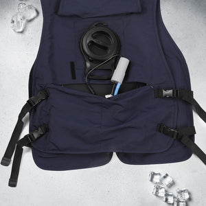 Navy blue circulatory cooling vest by AlphaCool with an open pocket revealing a fan and tubing, surrounded by ice.